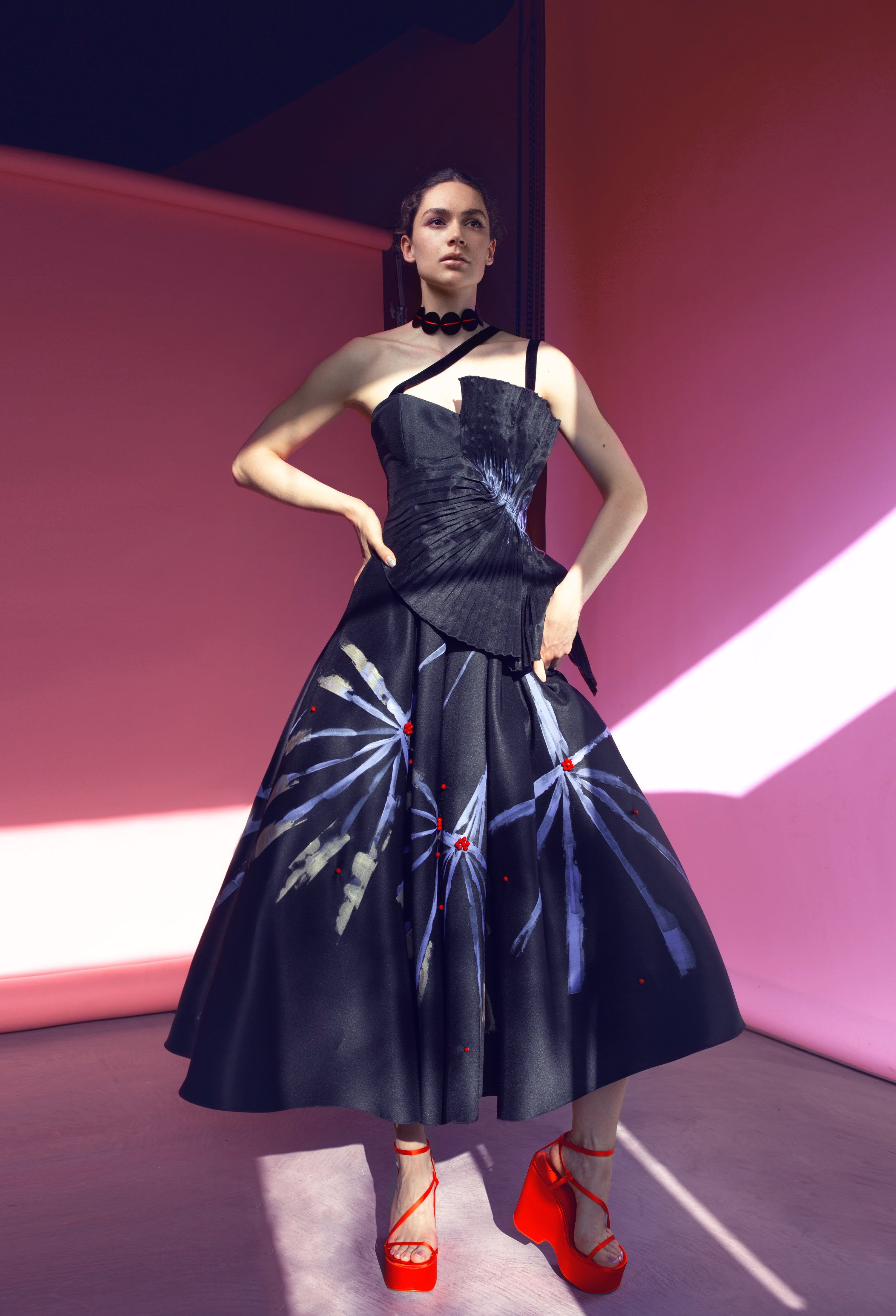 Hand painted black dress with pleated top – FLUTURA DEDINJA