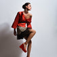 Dress made of red kimono and short skirt combined with tulle and bright material