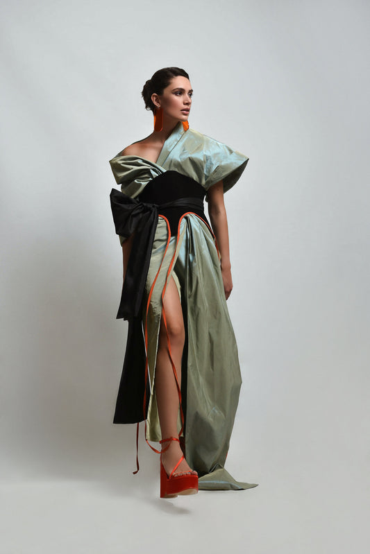 Long kimono made of luminous taffeta material with neon color